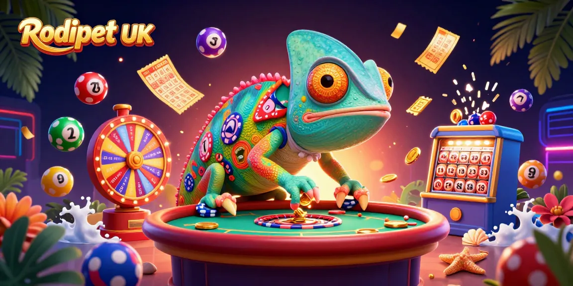Experience the thrill of Rodipet UK with vibrant casino elements and a lively chameleon host.