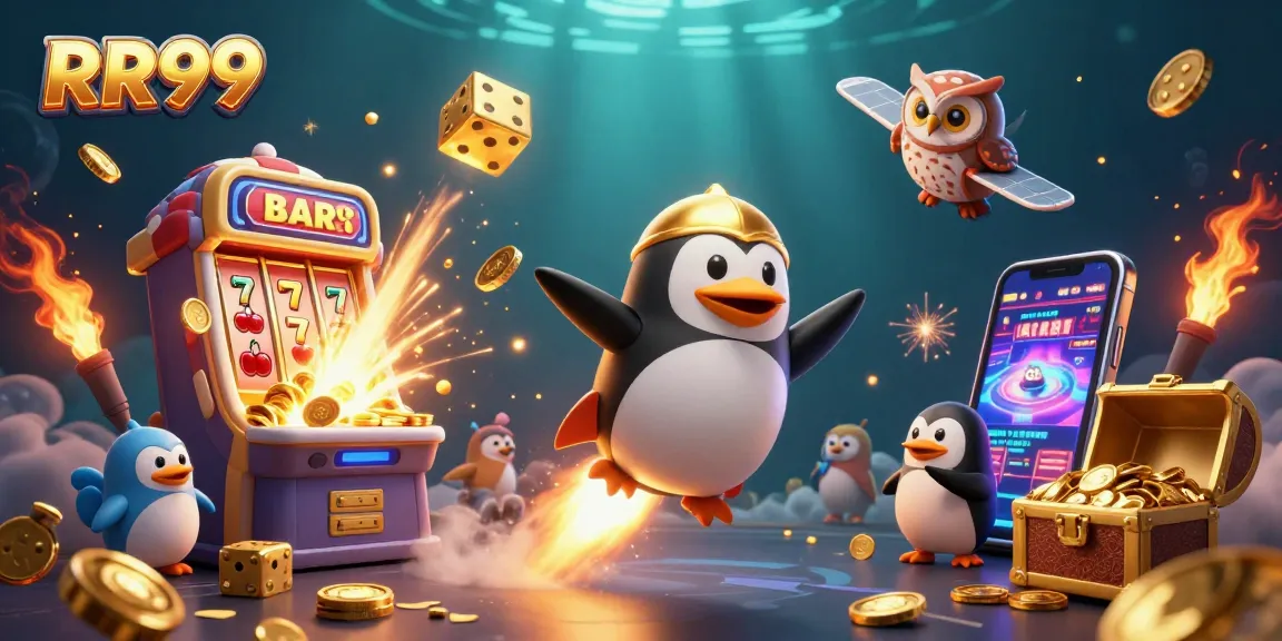 Spin the reels with the RR99 golden penguin racing toward jackpot excitement in a vibrant casino world.