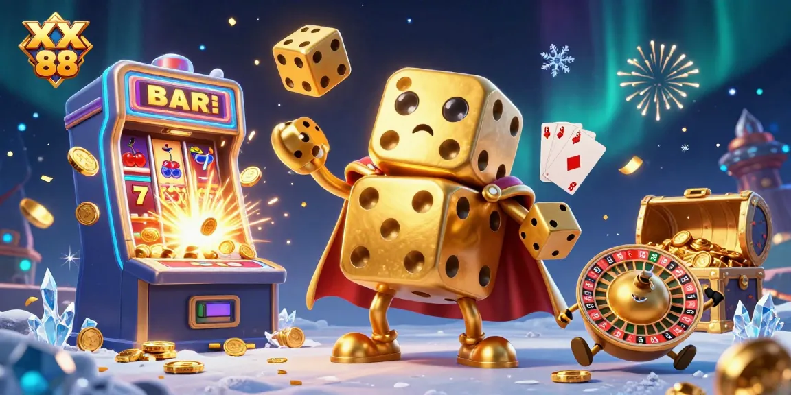 Experience action-packed gaming at XX 88 with golden dice, slot machines, and festive effects.