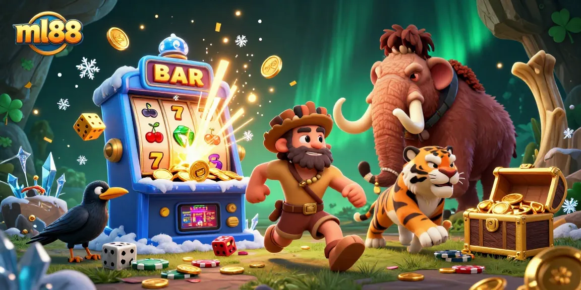 Experience thrilling casino fun at ml88 with a prehistoric casino featuring cavemen, sabertooth tigers, and slot machines.