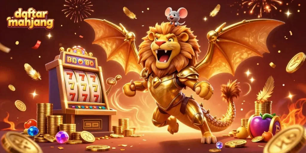 Spin to win with daftar mahjong slot games featuring a roaring chimera atop a dazzling slot machine.
