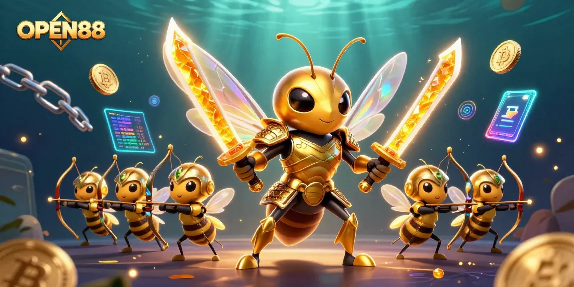 Immerse in the OPEN88 universe with an engaging casino scene featuring vibrant characters and glowing crypto elements.