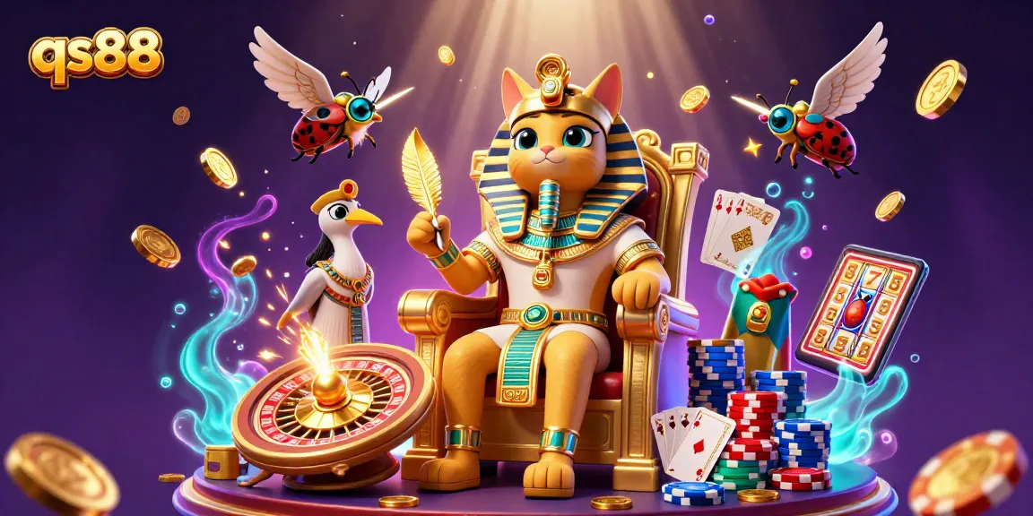 Experience excitement at qs88 with a vibrant 3D casino scene featuring a pharaoh cat.