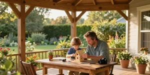 Family enjoying time on a well-crafted oak frame porch while building a birdhouse together.