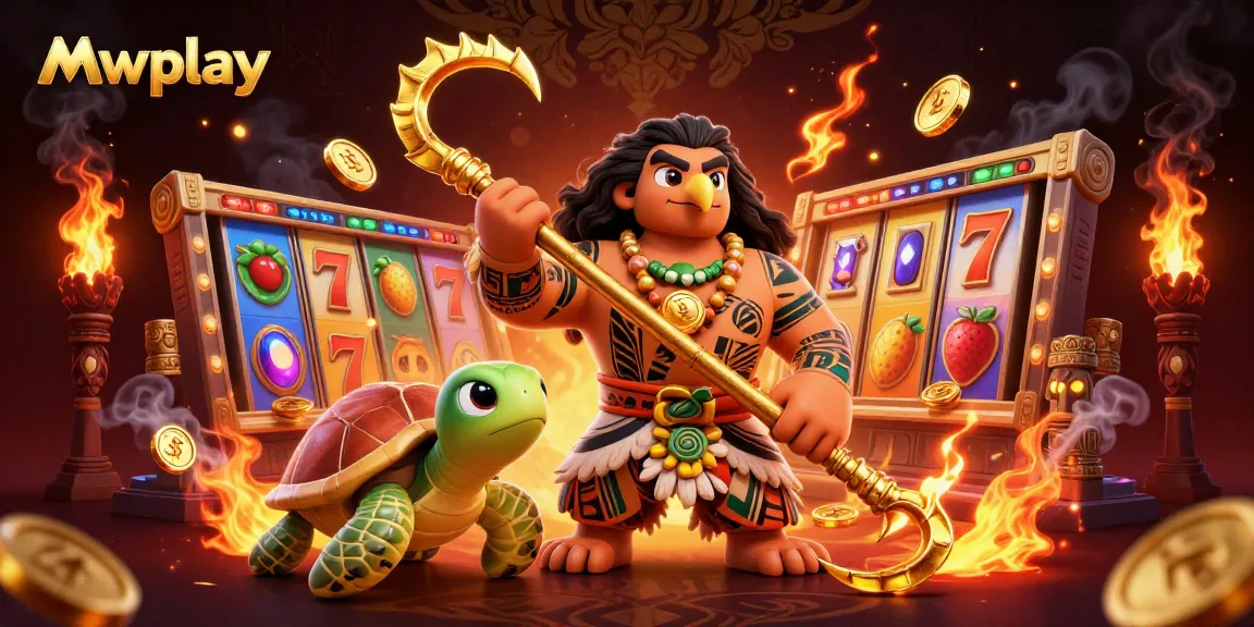 Experience the excitement of Mwplay with vibrant slot reels and dynamic characters in a 3D casino scene.