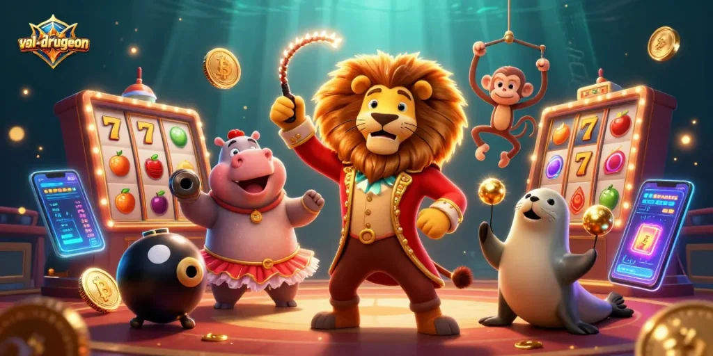 Experience high-stakes spins with val-drugeon in an immersive casino scene filled with vibrant characters and crypto elements.