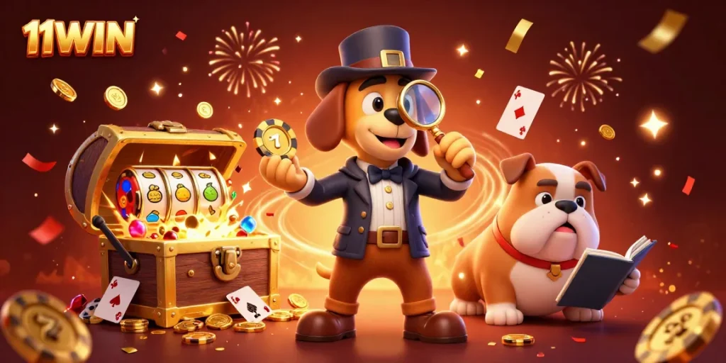 11WIN reveals strategic gaming clues in a vibrant casino treasure hunt scene.
