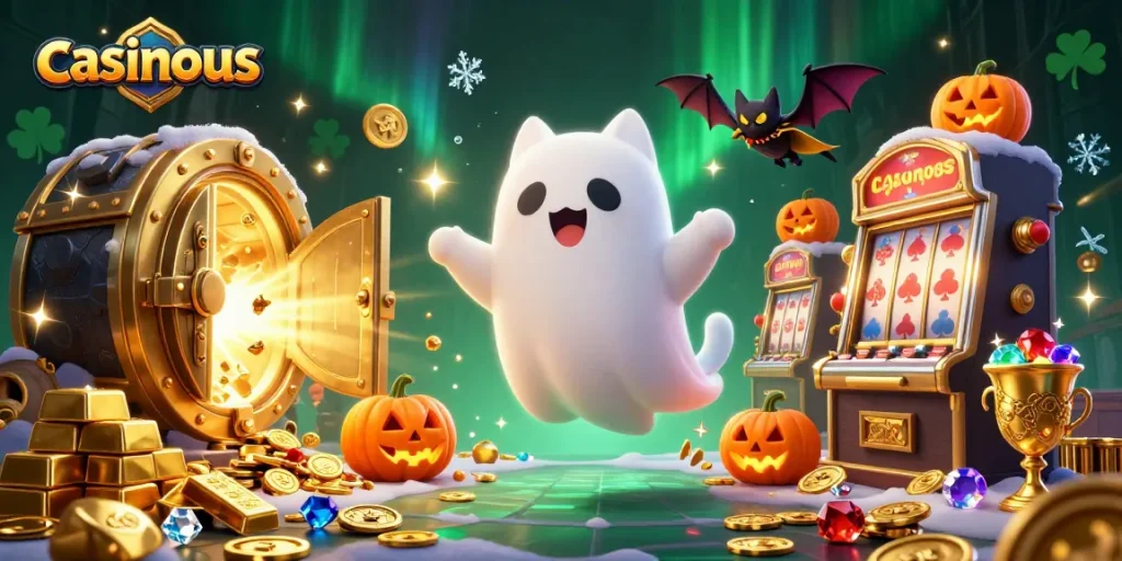Casinous showcases a ghost cat and bat in a haunted casino, surrounded by glowing gems and treasures.