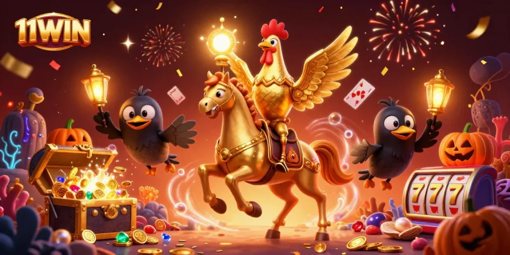 Engage with 11WIN: A magical casino adventure with golden rooster and shimmering treasures.