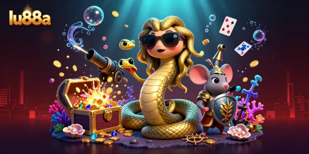 Experience the thrilling adventures at lu88a with the charming Medusa and warrior mouse in a captivating casino scene.