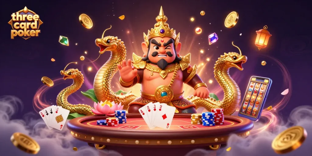 Engage in three card poker action with vibrant casino elements and striking visuals.