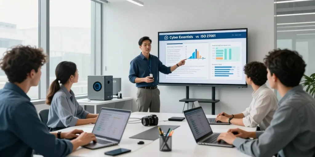 Illustration of Cyber Essentials vs ISO 27001 comparison in a modern cybersecurity office environment.