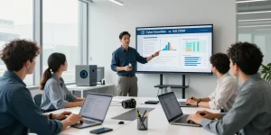 Illustration of Cyber Essentials vs ISO 27001 comparison in a modern cybersecurity office environment.