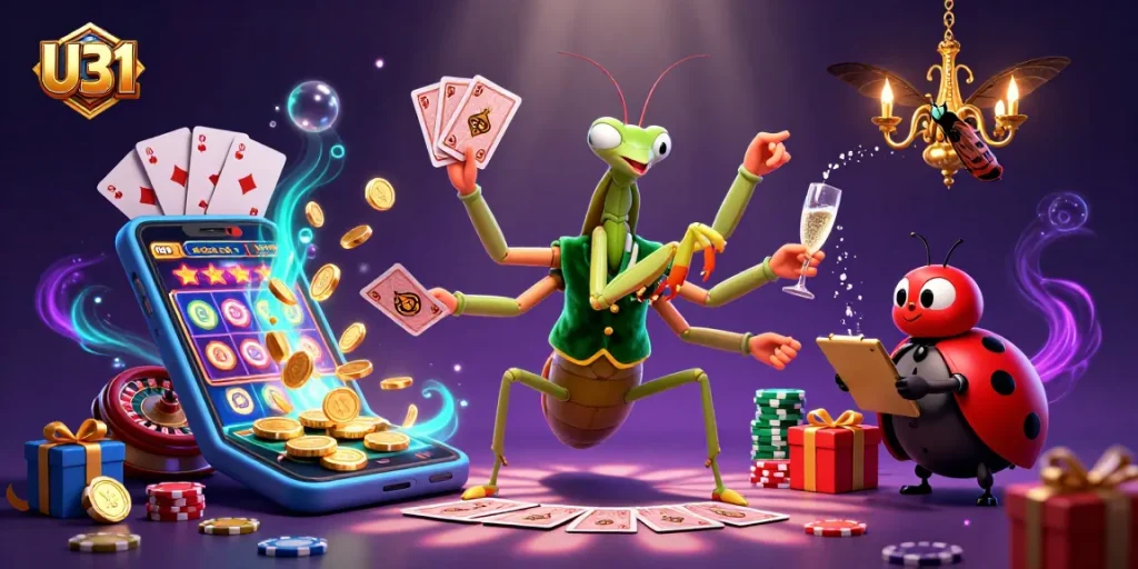 U31 offers engaging casino experiences with vibrant 3D illustrations of gaming and excitement filling the scene.