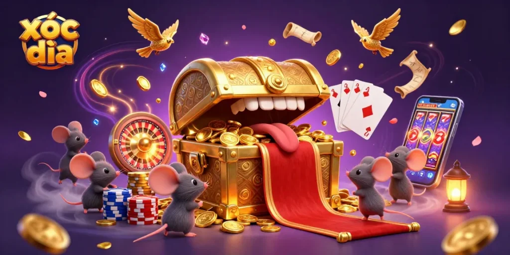 Engage with the thrilling xóc đĩa scene featuring a treasure chest and casino elements.