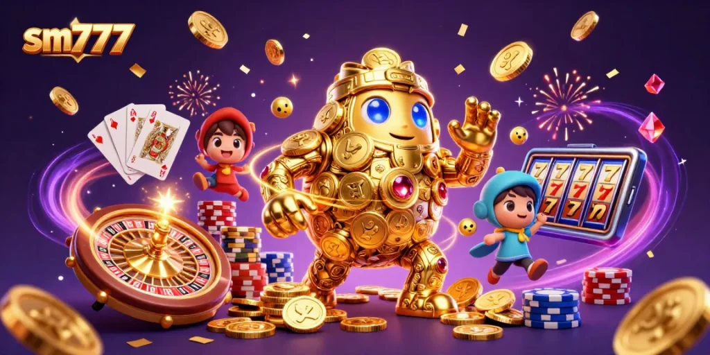 Engage with sm777, featuring a golden golem and lively casino elements in a vibrant 3D scene.