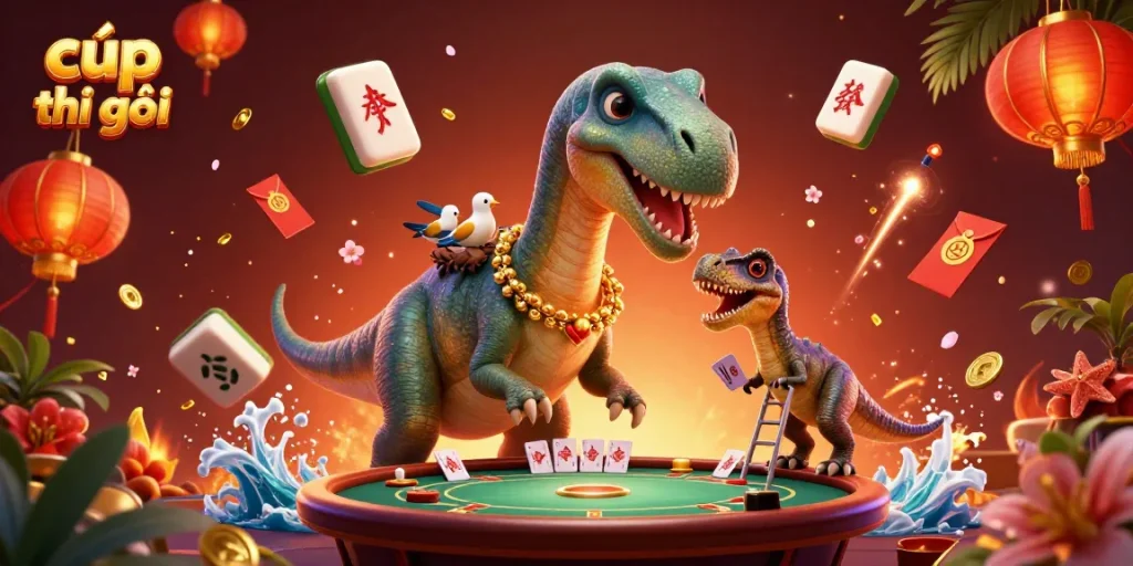 Experience the excitement of cúp thế giới with vibrant casino-themed illustration featuring dinosaurs and cards.