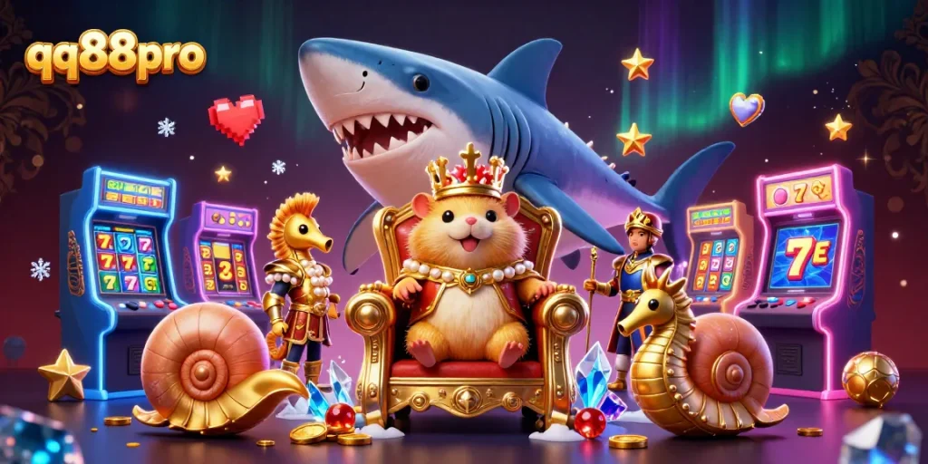 Join the golden hamster king in the vibrant qq88pro world of slots and jackpots amidst dynamic gaming elements.