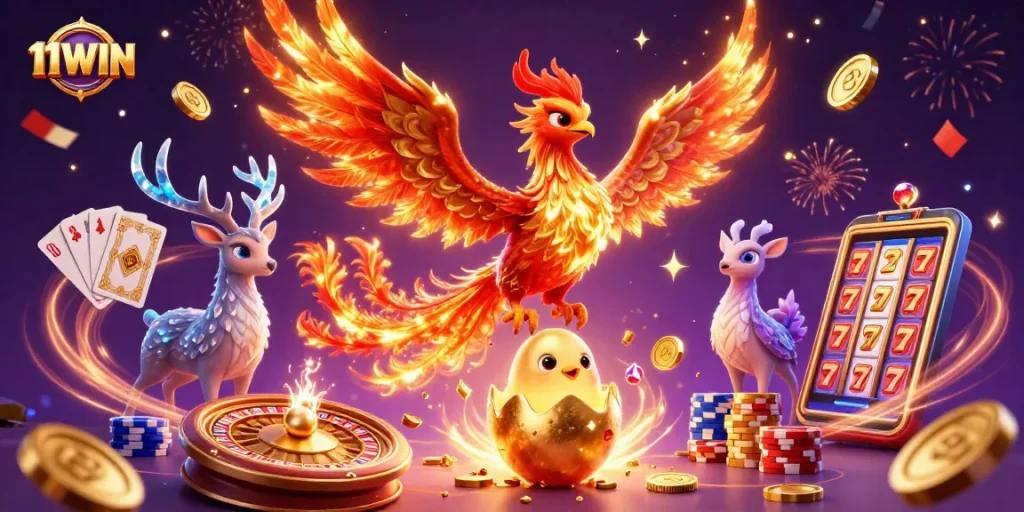 Experience high-stakes action at 11WIN with a vibrant 3D casino scene featuring winning elements.