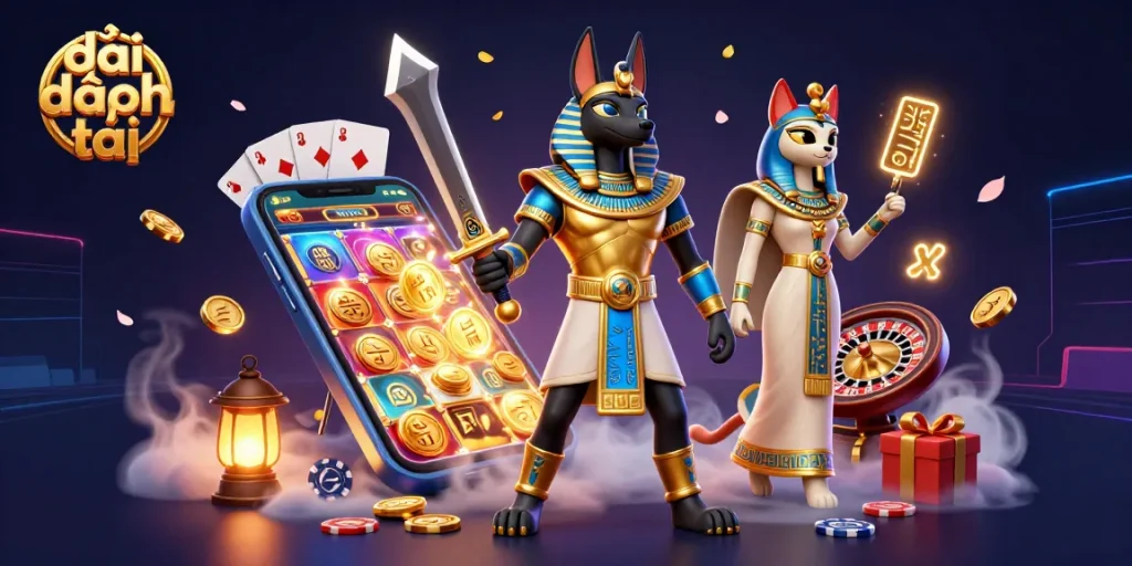 Spin to win with đại phát tài characters and dynamic slot elements in an immersive 3D scene.