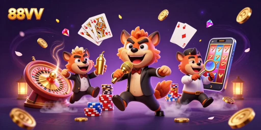 Experience the fun at 88VV casino with lively hyena characters and captivating gaming elements.