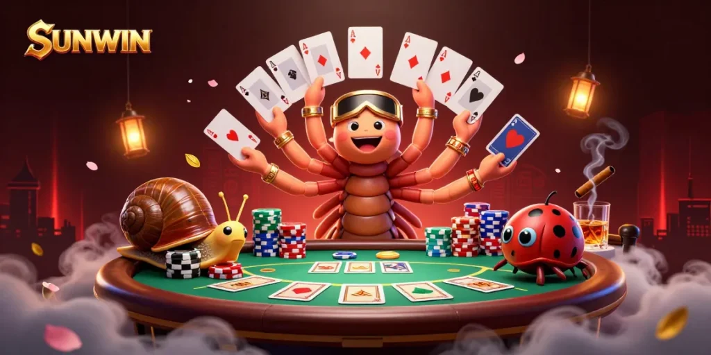 SUNWIN dealer spreads cards dramatically while high-roller snail and excited pill bug engage at a vibrant poker table.