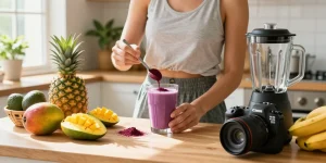 Camu camu powder being blended into a smoothie with fresh tropical fruits in a bright kitchen.