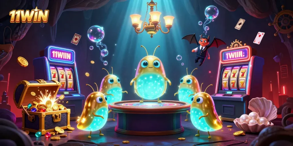 Experience the thrilling world of 11WIN with glowworms lighting up a vibrant cave casino.