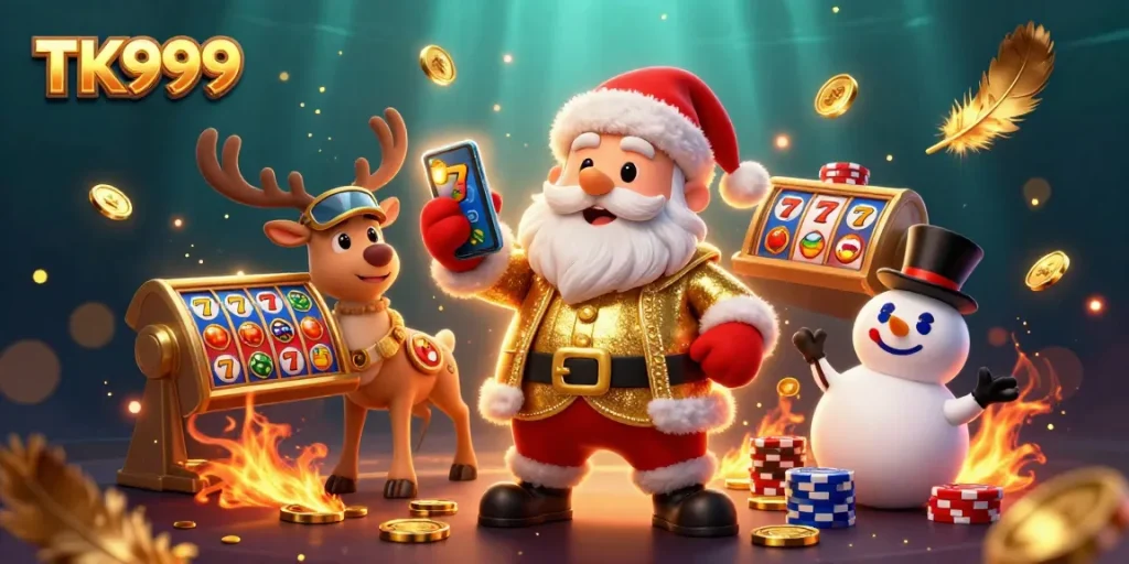 Join the festive TK999 jackpot slots scene featuring Santa Claus and friends!