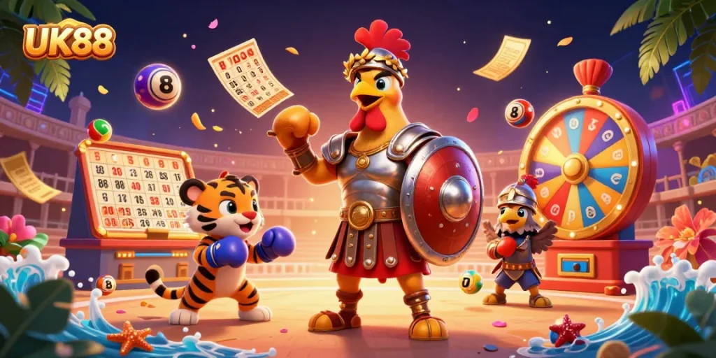 Engage with UK88's exciting slot environment featuring vibrant characters in action-packed illustration.