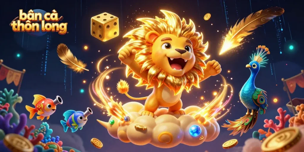 Bắn cá thần long showcases thrilling fish shooting game elements featuring a roaring sun lion and rich 3D details.