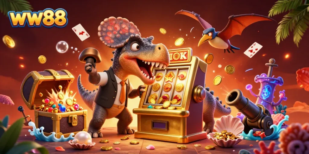 Experience thrilling gameplay at ww88 as a pachycephalosaurus wins big at a slot machine surrounded by gold coins.