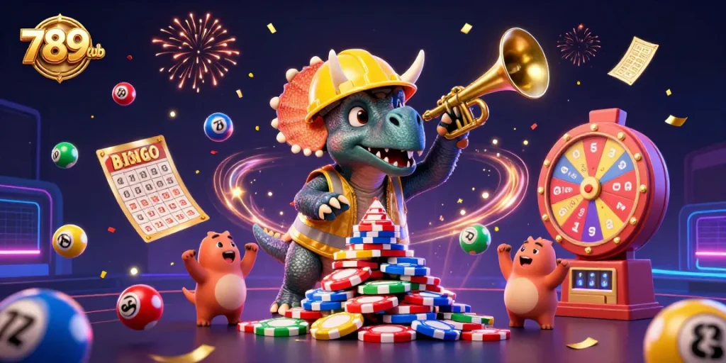 Experience the thrill at 789club with a dynamic illustration of playful dinosaurs celebrating over poker chips and colorful gaming elements.