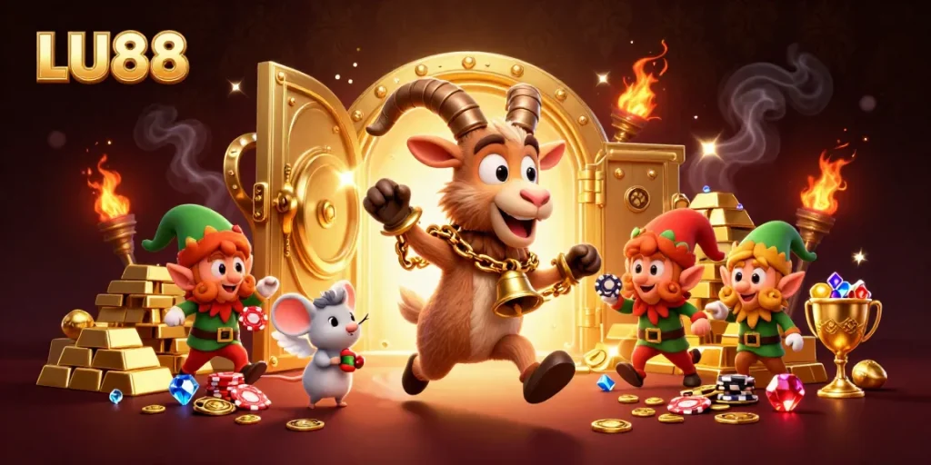 LU88 brings festive fun with Krampus and festive chaos in a vibrant casino scene.