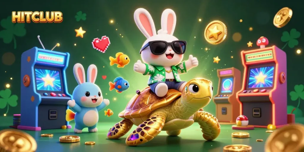 Engage with HITCLUB's vibrant casino adventure featuring a lucky rabbit and turtle amidst sparkling gaming elements.