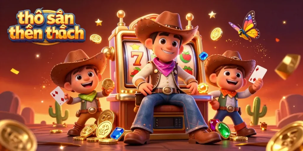 Experience the thrill of betting with thợ săn tiền thưởng in this vibrant 3D casino scene filled with bright slot machine symbols and gold coins.
