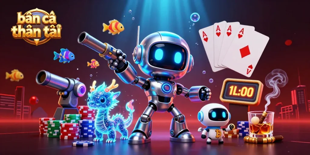 Bắn cá thần tài scene featuring a cyberpunk robot, holographic dragon, and bitcoin drone in a dynamic underwater game setting.