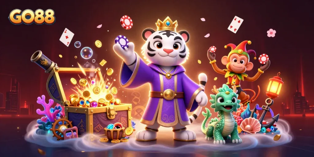 GO88 players enjoy a vibrant gaming experience surrounded by enchanting characters and dynamic game elements.