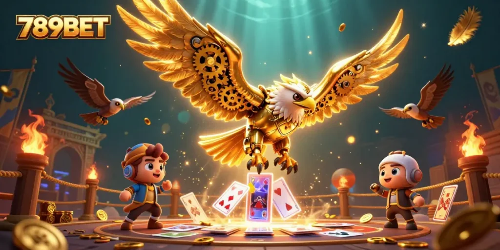 Engage in the thrilling world of 789BET with a golden eagle, holographic cards, and vibrant casino elements.