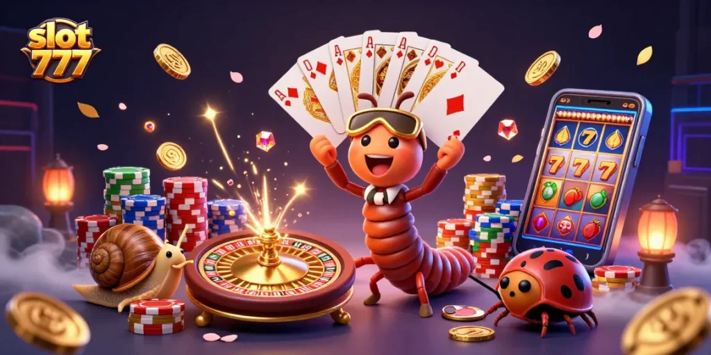 Spin the reels of slot 777 as colorful characters celebrate casino wins with vibrant gaming symbols.
