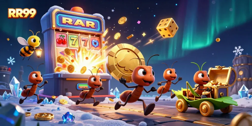 Experience exciting gameplay at RR99 with a team of animated characters escaping with a giant golden poker chip.