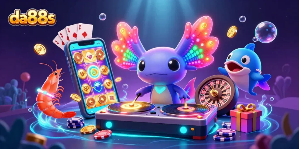 Join the fun at da88s with vibrant casino action including slot games, DJ axolotl, and underwater excitement.