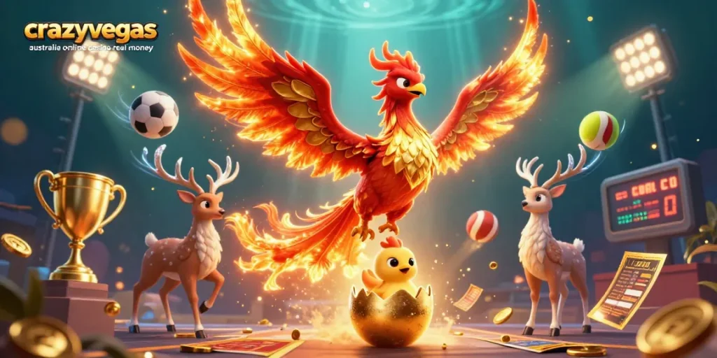 Immerse in the action of crazyvegas australia online casino real money with an epic scene of a fiery phoenix and a golden egg.