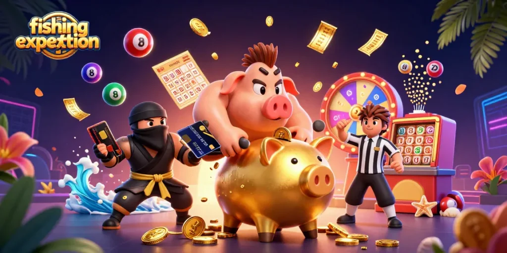 Engage in a thrilling fishing expedition as a sumo piggy bank battles a ninja to win dynamic gambling prizes!