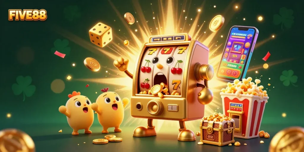 Celebrate jackpots and winnings at FIVE88 with golden slot machines and vibrant casino elements.