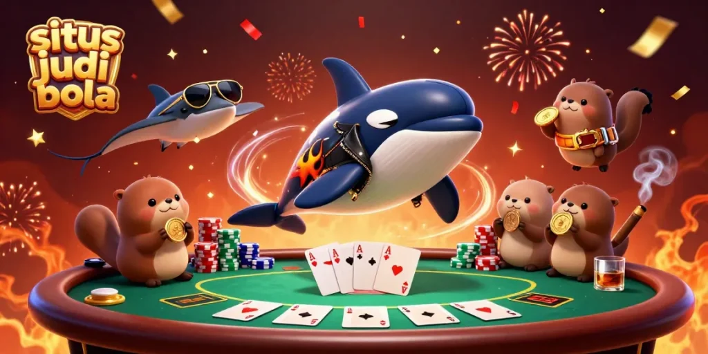 Engage with situs judi bola as the orca biker, stingray aviator, and sea otters showcase winning cards and gold coins in a vibrant casino scene.