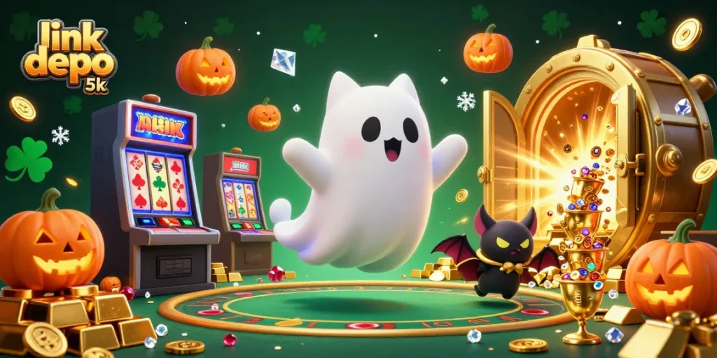 Experience the thrill of gaming with link depo 5k's vibrant casino scene featuring a ghost cat and treasures.