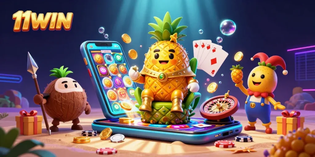 Engage in thrilling gaming action with 11WIN's vibrant 3D scene featuring slots, gameplay, and lively characters.
