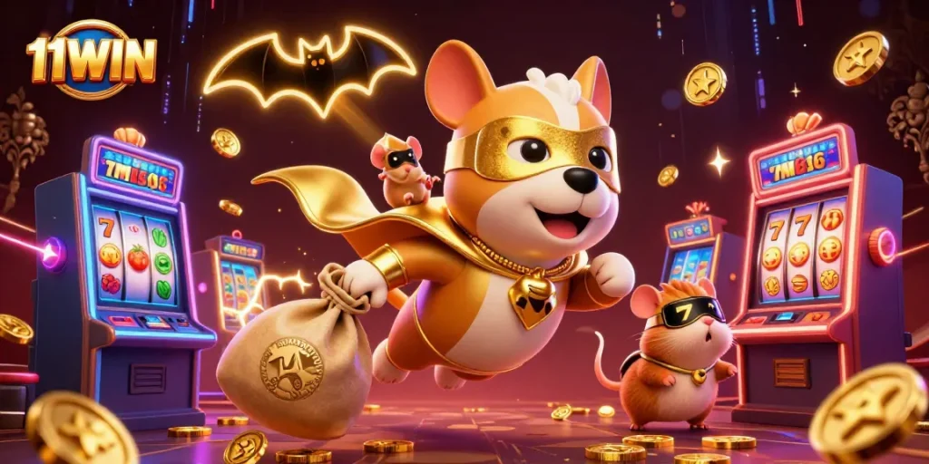 Experience thrilling gaming at 11WIN with a superhero dog flying alongside arcade slot machines.