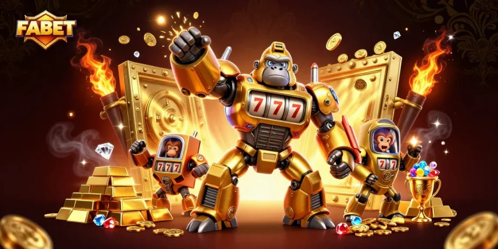Experience FABET's thrilling casino action with a dynamic golden gorilla mech and treasure.